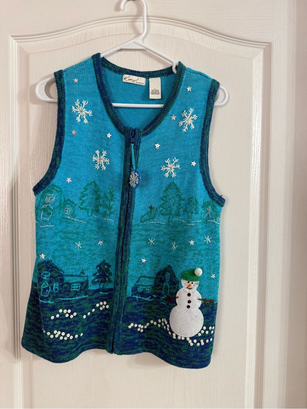 Kim Rogers  Teal/Green Beaded Christmas Snowman Village Zip Vest Sz L MY-43